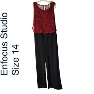 Red and Black ENFOCUS Studio Shimmer Wide Leg Jumpsuit Party Holiday Size 14